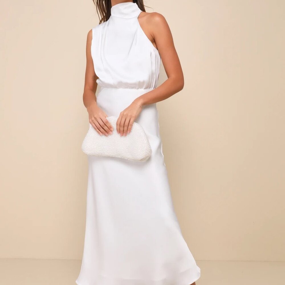 Lulu's Distinctive Charm White Satin Asymmetrical Midi Dress